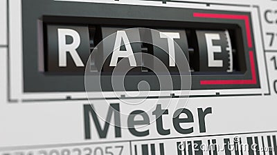 Analog counter displays RATE text, conceptual 3D rendering Stock Photo