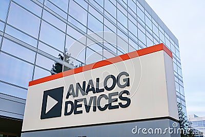 Analog Devices logo and sign at Silicon Valley campus. Editorial Stock Photo