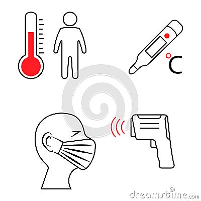 Analog, digital and non-contact infrared thermometers. Temperature scanning sign. Check human body temperature, thin line icon. Cartoon Illustration