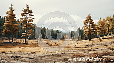Analog Photography: Brown Trees On A Flat Field In Rainy Desert Stock Photo