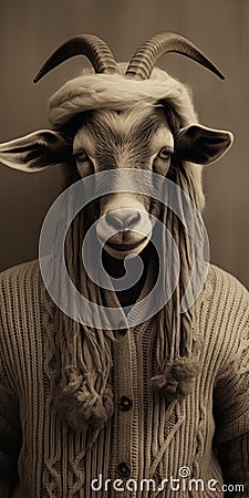 Analog Portrait: Sheep With Long Horns In Knitwear And Coat Stock Photo