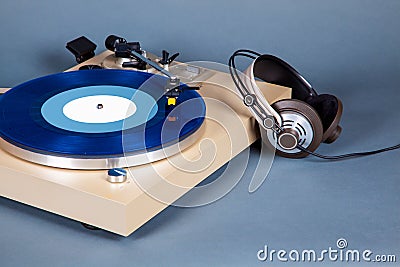 Analog Stereo Turntable Vinyl Record Player with Blue Disk and H Stock Photo