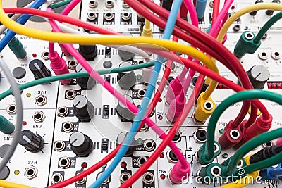 Analog synthesizer - cables connecting modular synth Stock Photo