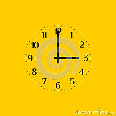Analog vector clock face over yellow, with regular arabic numerals. Part of an analog clock, or watch Stock Photo