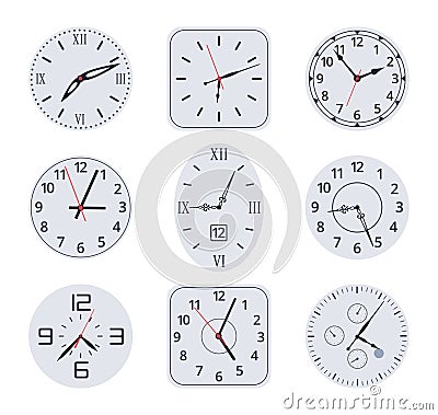 Analog watch faces. Electronic and mechanical vintage clocks, watch faces with numbers and clock hands flat vector illustration Vector Illustration