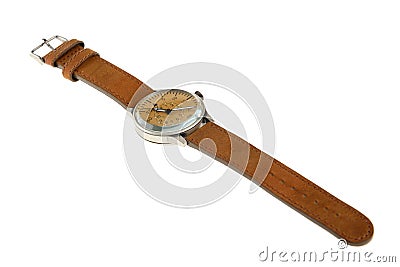 Analog wrist watch with brown dial and leather bracelet Stock Photo