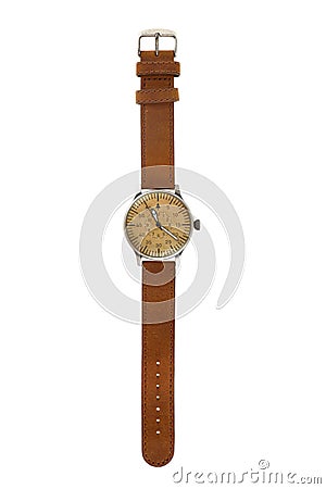 Analog wrist watch with brown dial and leather bracelet Stock Photo