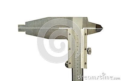 Analogue vernier calliper made of stainless steel for precise measurements, isolated on white background Stock Photo