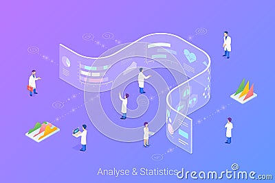 Analyse Statistics Big Data Charts Diagrams Isometric Flat vector illustration. People working with future interface HUD on Vector Illustration