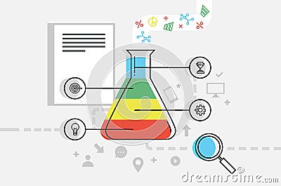 Analysis or business plan themed vector illustration with test tube with colorful fragments and icons, magnifier and infographic Vector Illustration