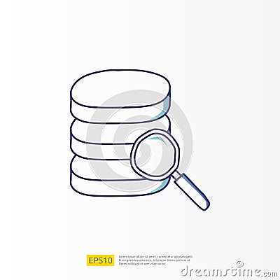 analysis concept doodle gradient fill line icon with magnifier and data server. Statistics science technology, digital marketing Vector Illustration