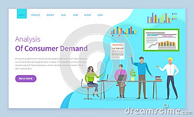 Analysis of consumer demand website vector. Workers with laptop discuss statistical indicators Vector Illustration
