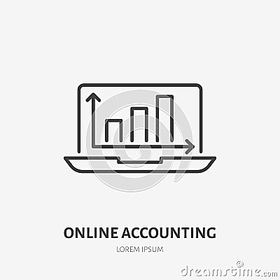 Analysis, finance infographic flat line icon. Online accounting, schedule sign. Thin linear logo for legal financial Vector Illustration