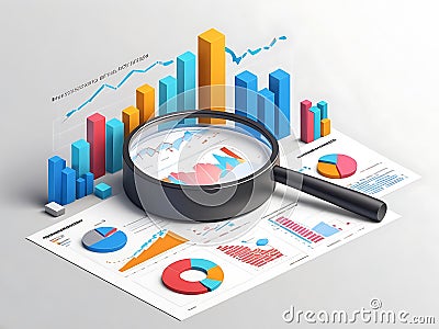 analysis, graph and charts analytics, statistics concept. Digital performance monitoring and analyzing with magnifier. Cartoon Illustration