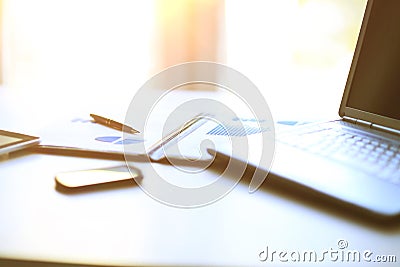 Analysis of graphics and calculations on a laptop with documents in the office Stock Photo