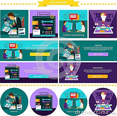 Analysis Innovation. Online Consulting. Set Tools Vector Illustration
