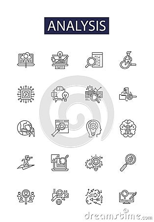 Analysis line vector icons and signs. Assaying, Examine, Inspect, Investigate, Observe, Study, Analyzing, Appraise Vector Illustration