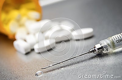 Analysis routine, medicines and syringe as concept of ordinary t Stock Photo
