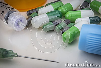 Analysis routine, medicines and syringes as concept of ordinary Stock Photo