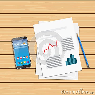 Analysis of statistical data and smartphone. Research optimization financial infographic, business analytics illustration Vector Illustration