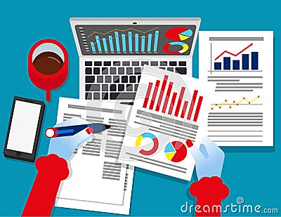 Analyst business. Auditor working on statistical data paper documents. Concept business vector illustration, Report, Spreadsheets Vector Illustration