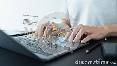 Analyst computer working with information database to analysis marketing sale data. Business project or program strategy planning Stock Photo