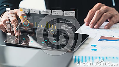 Analyst computer working with information database to analysis marketing sale data. Business project or program strategy planning Stock Photo