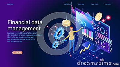 Analyst on management process. analytics dashboard. Charts key server statistic, performance indicators concept Vector Illustration