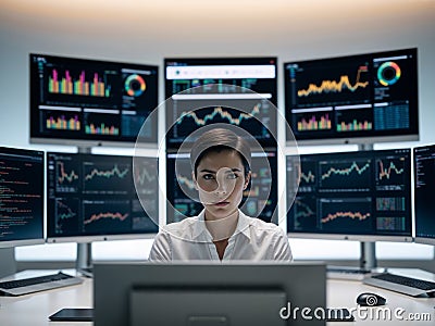 Analyst Monitoring Multiple Data Screens in a Network Operations Center. Stock Photo