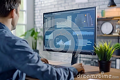 Analyst Reviews Data Charts and Graphs on a Computer Screen, Examining Business Trends and Growth Metrics for Strat Stock Photo