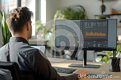Analyst Reviews Data Charts, Graphs, and Key Metrics on Computer Screen, Examining Business Performance Indicators Stock Photo
