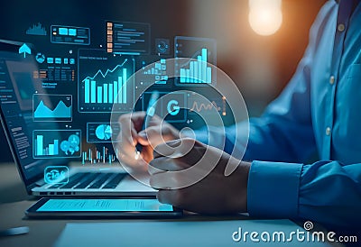 An analyst uses a computer and dashboard for data business analysis and data management system, customers database Stock Photo