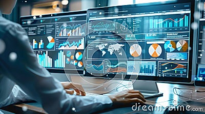 analyst uses a computer and dashboard for data business analysis and Data Management System Stock Photo