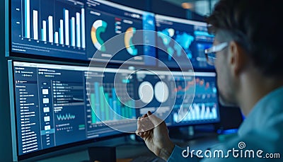 analyst uses a computer and dashboard for data business analysis and Data Management System Stock Photo