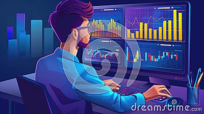 An analyst uses a computer and dashboard for data business analysis and Data Management System, Customers database Stock Photo