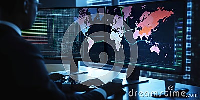 Analyst uses a computer , technology business analysis and Data Management System Generative AI Stock Photo