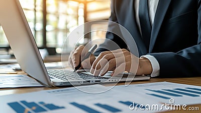 Analyst utilizing computer and dashboard for business analysis and customer database management Stock Photo