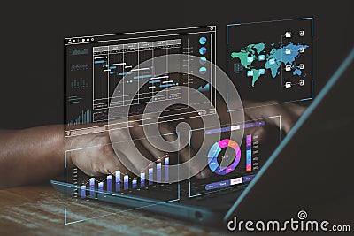 Analyst working in Business Analytics and Data Management System to make report with KPI and metrics connected to database. Stock Photo