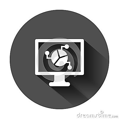 Analytic monitor icon in flat style. Diagram vector illustration on black round background with long shadow. Statistic business Vector Illustration