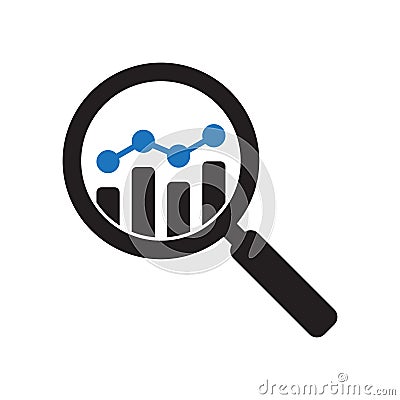 Analytic vector icon. Magnifying glass with bar chart. Business analysis icon. Marketing research symbol. Vector Illustration