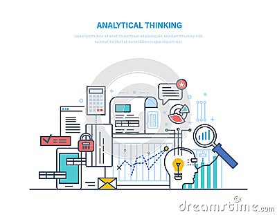 Analytical thinking. Logical analysis, reasoning, searching effective solution, creative thinking. Vector Illustration