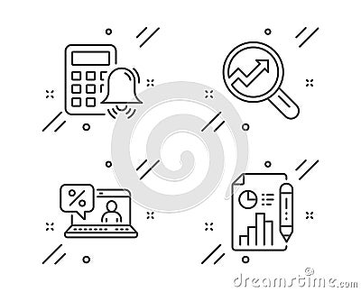 Analytics, Calculator alarm and Online loan icons set. Report document sign. Vector Vector Illustration