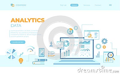 Analytics concept, Analysis, Analyzing, Data processing, Success strategy. Laptop with graphs and charts and Infographic Elements Vector Illustration
