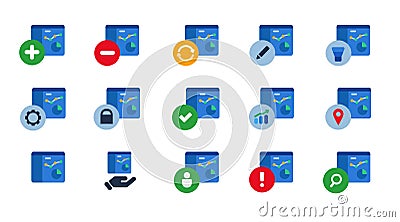 Analytics data report statistics diagram pie chart icon set collection blue vector Vector Illustration