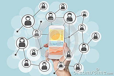 Analytics and data science of social networks with mobile device. Stock Photo