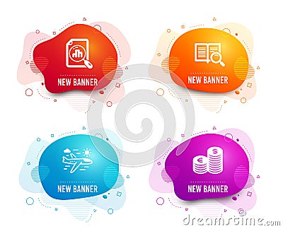 Analytics graph, Airplane travel and Search text icons. Currency sign. Chart report, Trip flight, Open book. Vector Vector Illustration