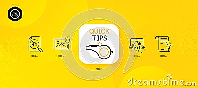Analytics graph, Tutorials and Photo location minimal line icons. For web application, printing. Vector Vector Illustration