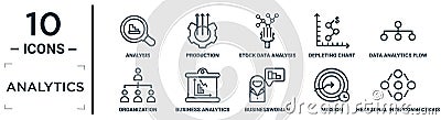 analytics linear icon set. includes thin line analysis, stock data analysis, data analytics flow, business analytics graphics, Vector Illustration