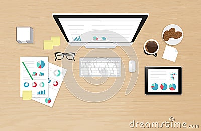 Analytics process on the work desk top view Vector Illustration