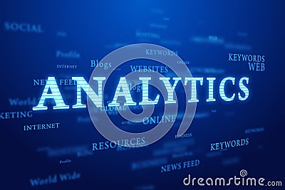 Analytics. Words cloud on deep blue background. Stock Photo